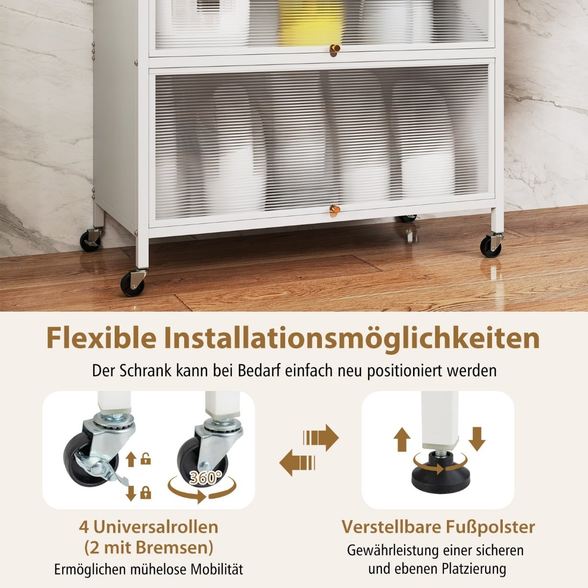 Kitchen Cabinet with Shelves, Hooks, and Wheels, White