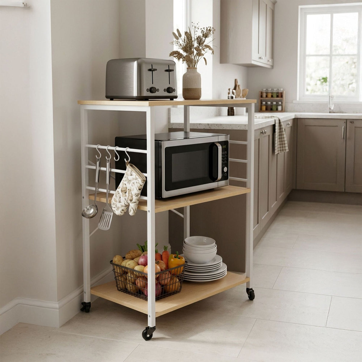 Kitchen Cart – 3-Tier Rolling, 3 Shelves, 6 S-Hooks