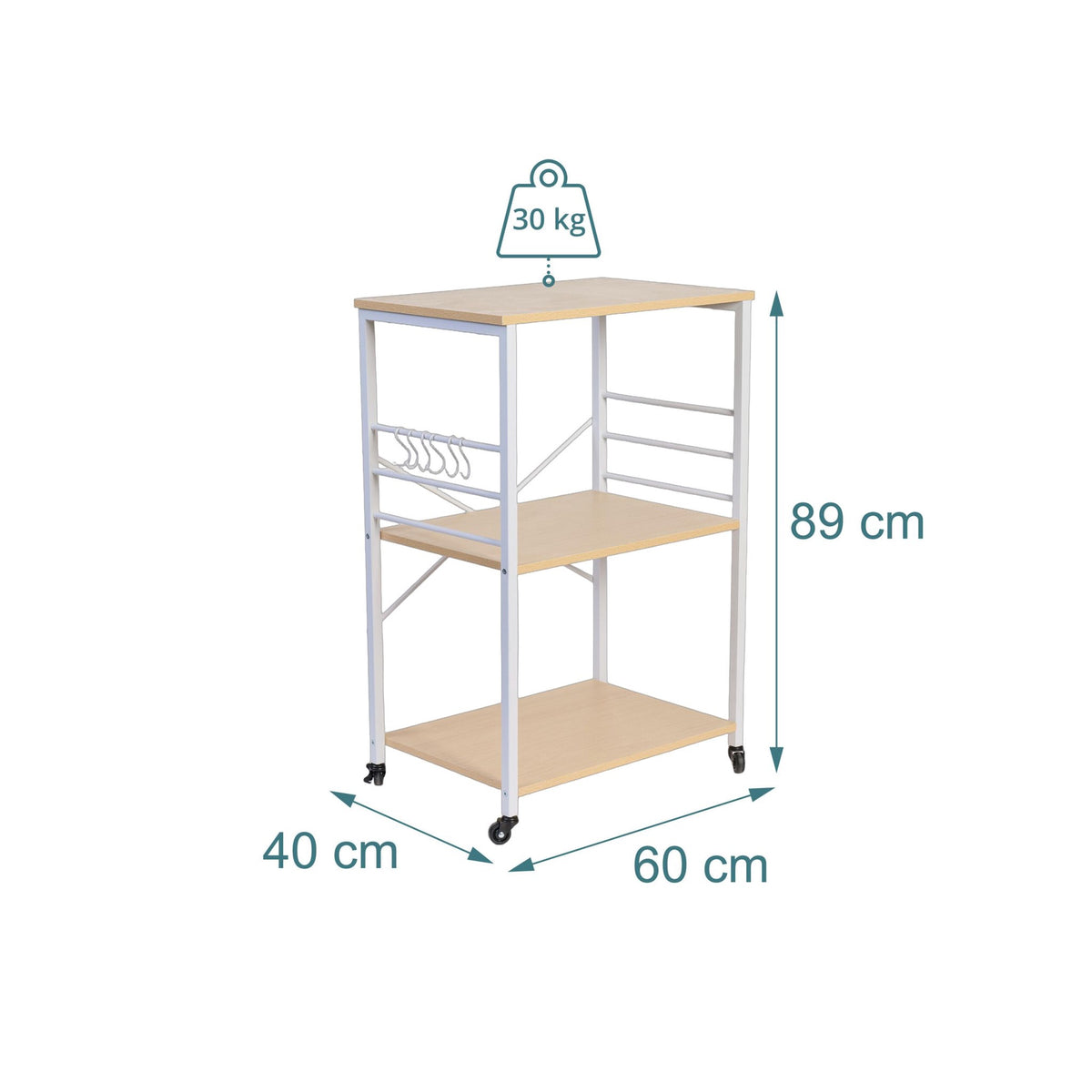 Kitchen Cart – 3-Tier Rolling, 3 Shelves, 6 S-Hooks