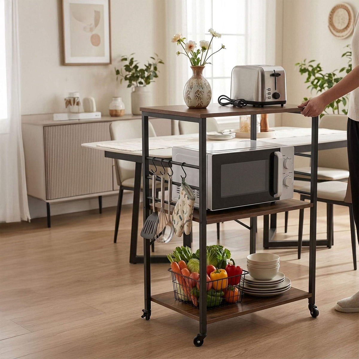 Kitchen Cart, 3-Tier Rolling Trolley With S-Hooks