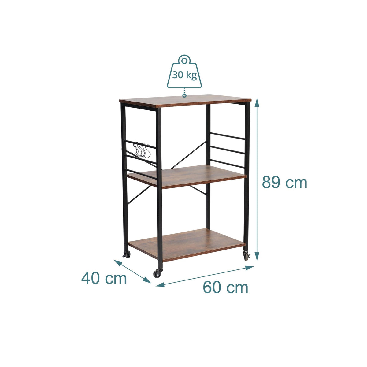 Kitchen Cart, 3-Tier Rolling Trolley With S-Hooks