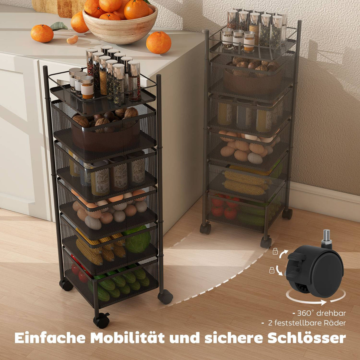 Kitchen Cart, 5 Rotating Baskets, Metal Frame, Black