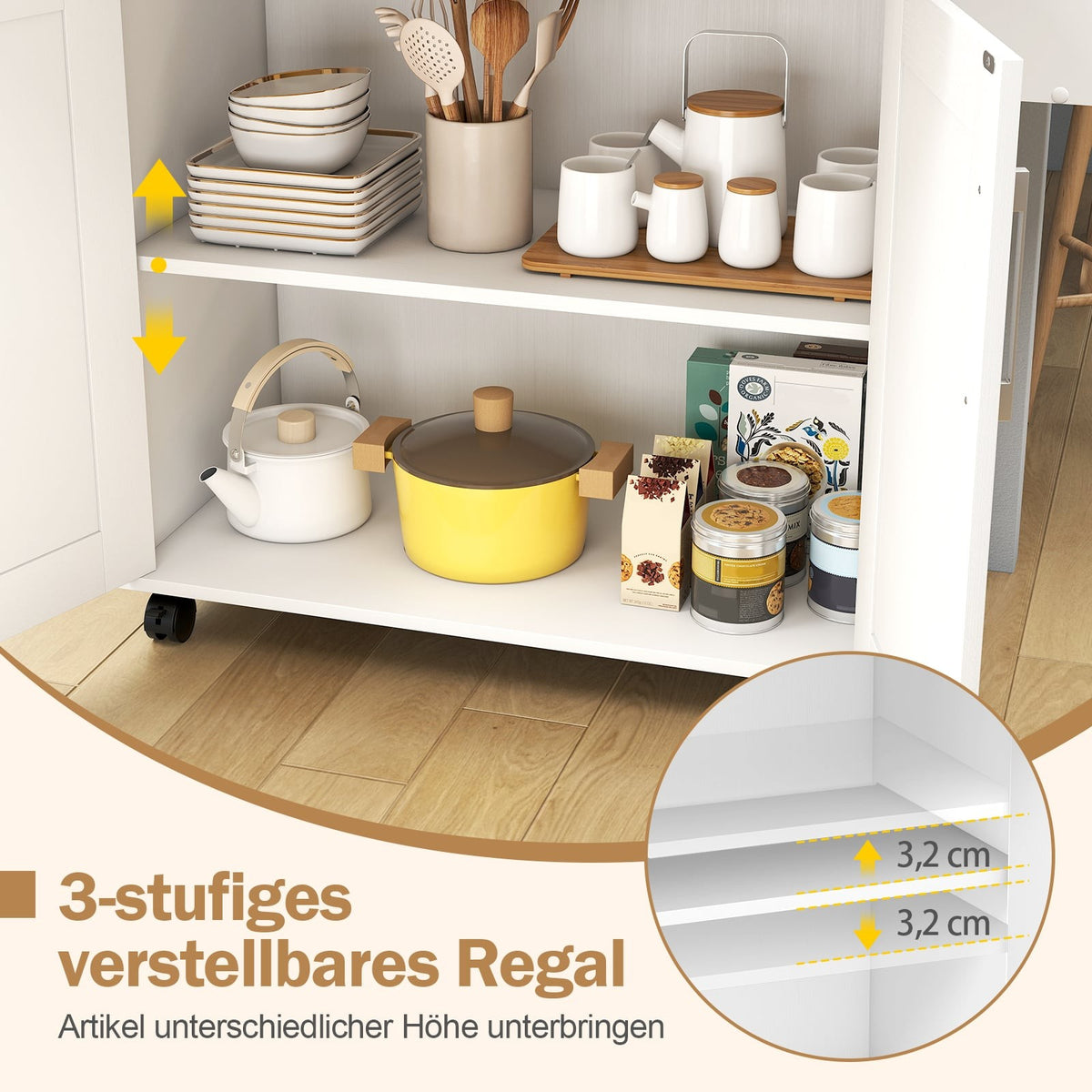 Kitchen Cart with Drawer & Adjustable Shelf – Natural/White