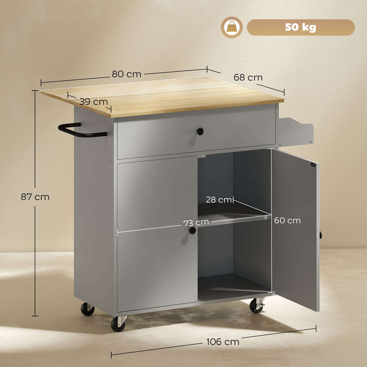 Kitchen Cart with Drawer, Cabinet, Towel Rack, Grey/Oak