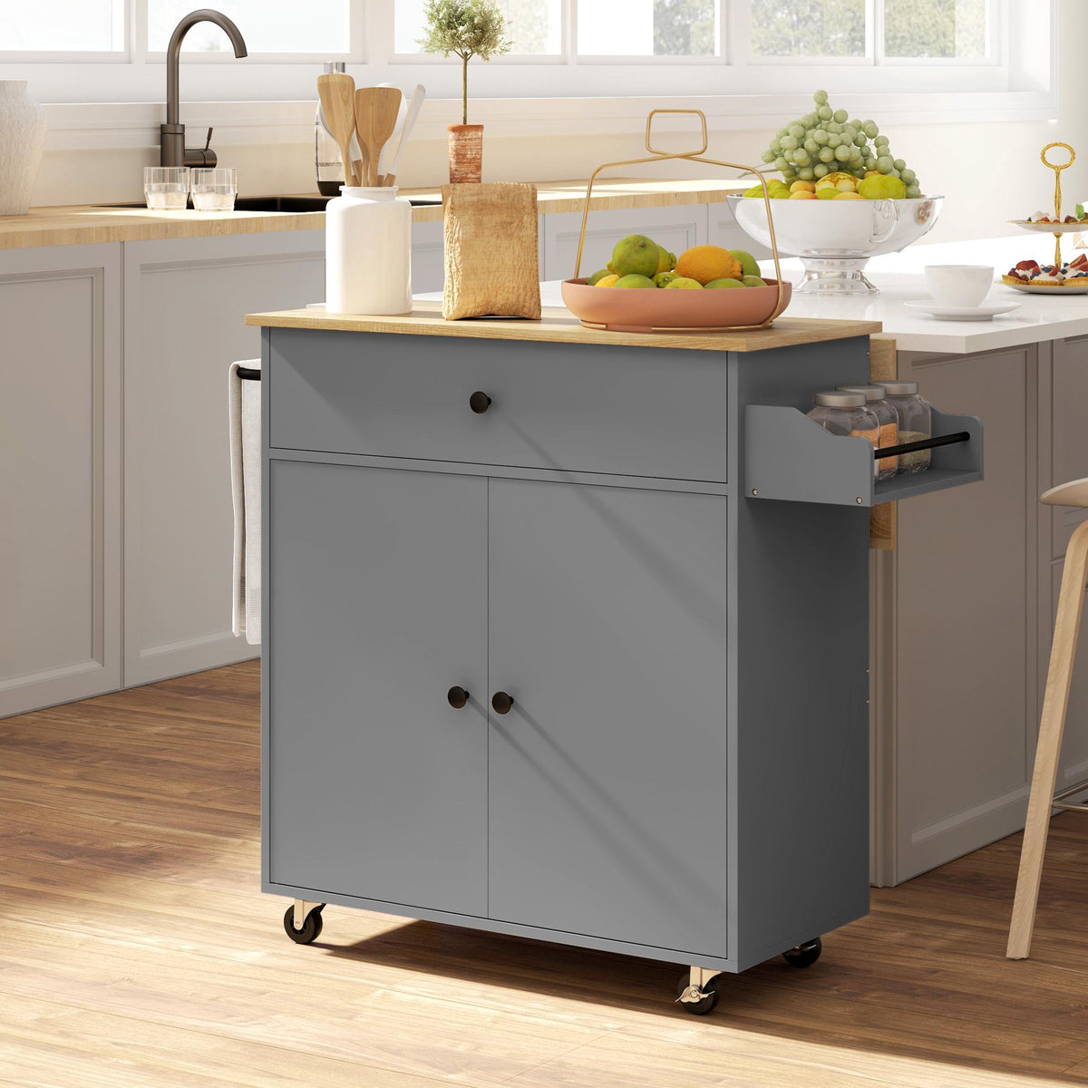 Kitchen Cart with Drawer, Cabinet, Towel Rack, Grey/Oak