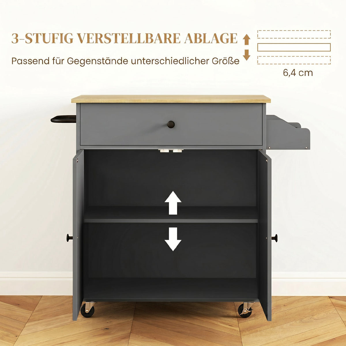 Kitchen Cart with Drawer, Cabinet, Towel Rack, Grey/Oak