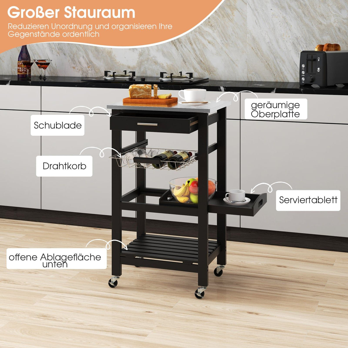 Kitchen Cart with Stainless Steel Top, Black, 47x39x85 cm