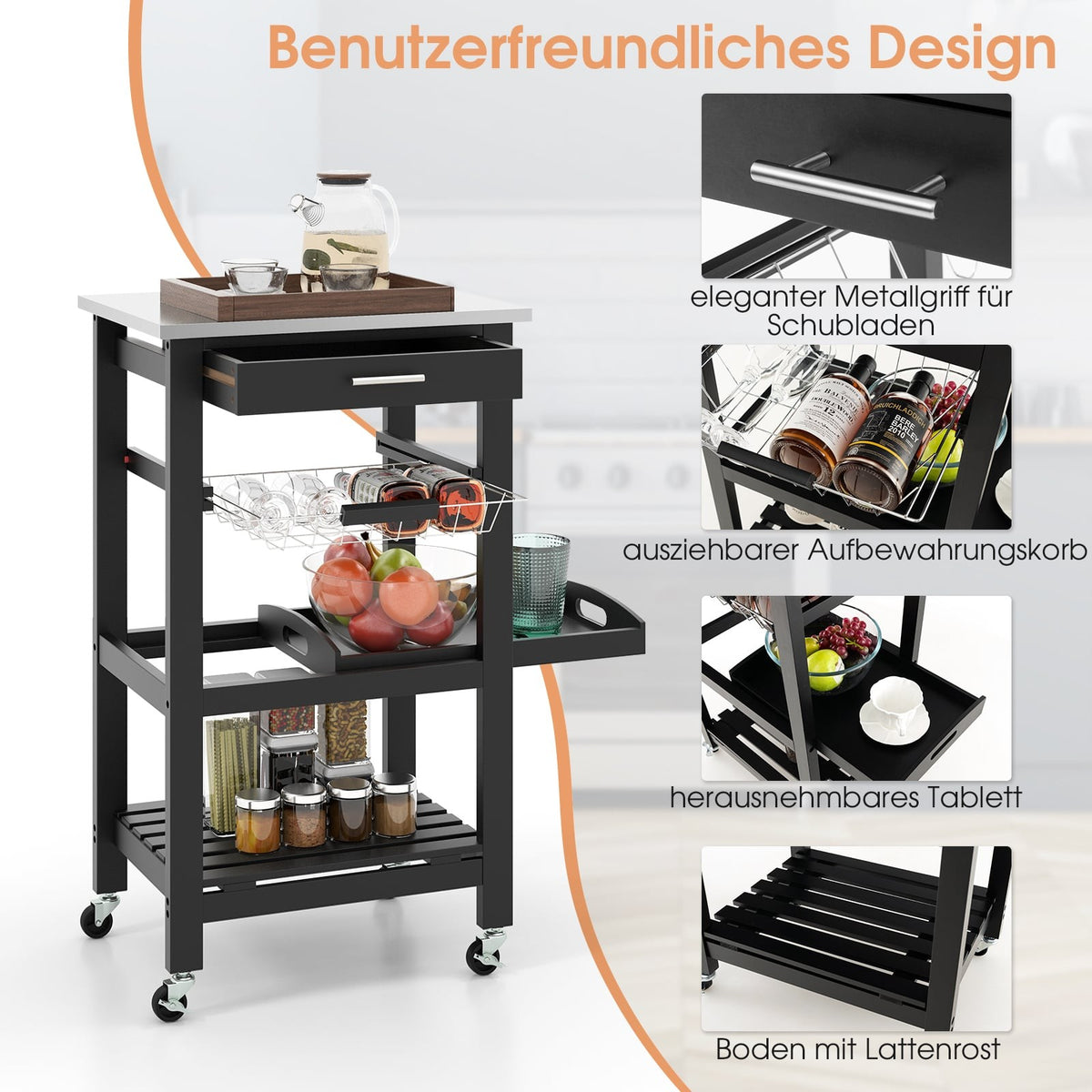 Kitchen Cart with Stainless Steel Top, Black, 47x39x85 cm