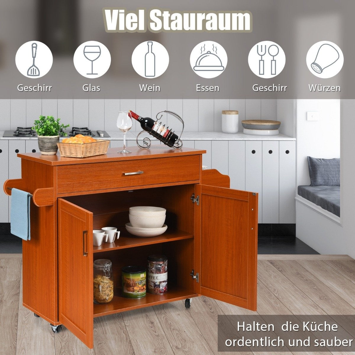 Kitchen Cart with Towel Rack and Spice Shelf, 116x40x85 cm