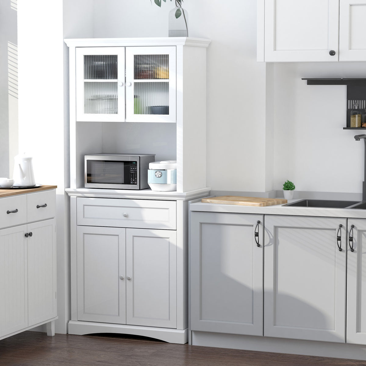 Kitchen Cupboard Drawer Tall Cabinet Compartment Glass Doors Adjustable Shelves Kitchen Buffet Living Room Dining Room White 79X40X180Cm