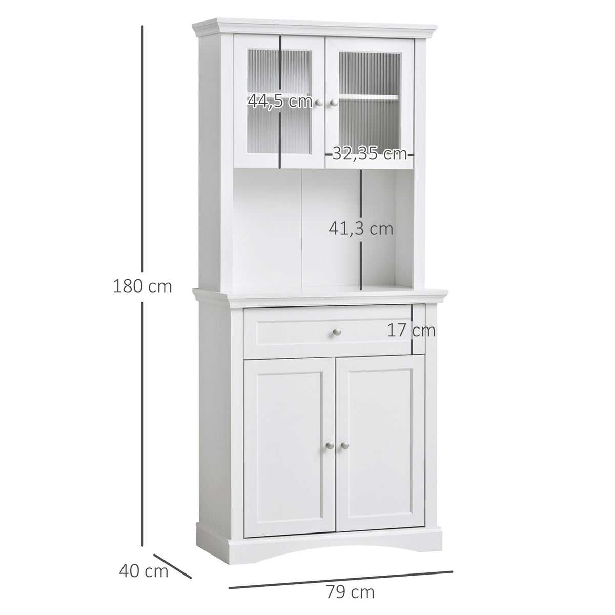 Kitchen Cupboard Drawer Tall Cabinet Compartment Glass Doors Adjustable Shelves Kitchen Buffet Living Room Dining Room White 79X40X180Cm