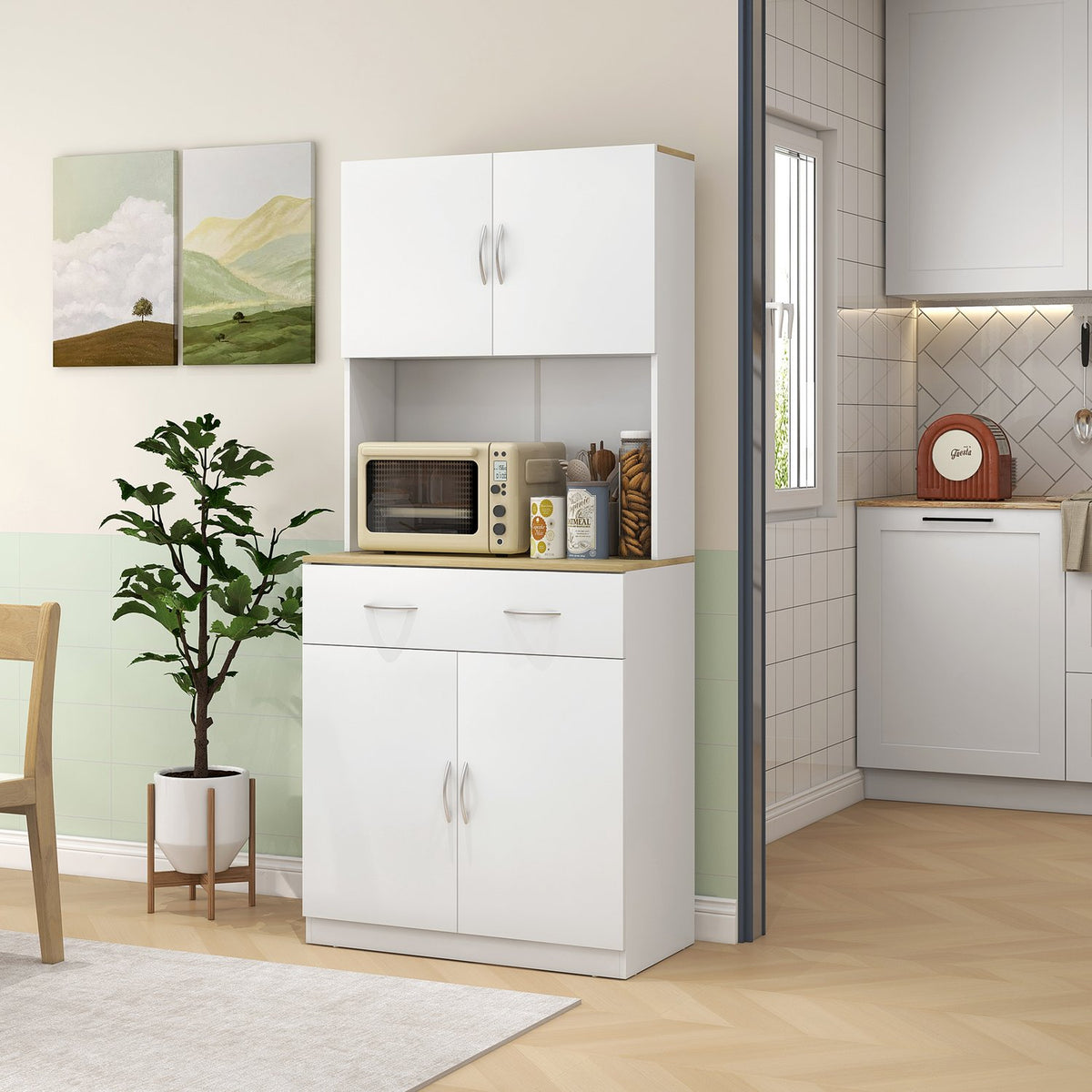 Kitchen Cupboard, Tall Cupboard, Kitchen Buffet With 2 Cupboards, Dish Cupboard, Dining Room Cupboard With Drawers, Cupboard, White, 80 X 40 X 180 Cm