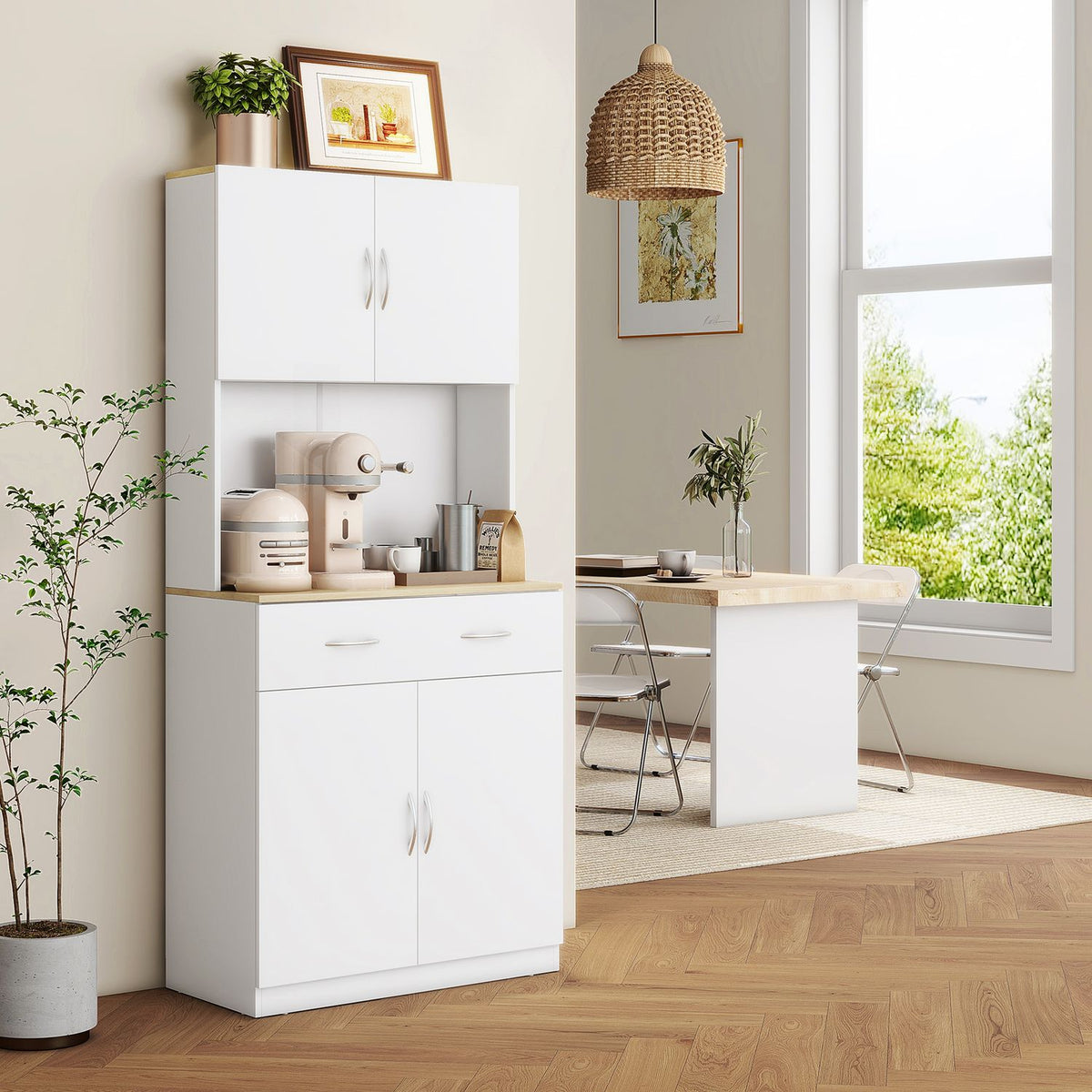 Kitchen Cupboard, Tall Cupboard, Kitchen Buffet With 2 Cupboards, Dish Cupboard, Dining Room Cupboard With Drawers, Cupboard, White, 80 X 40 X 180 Cm