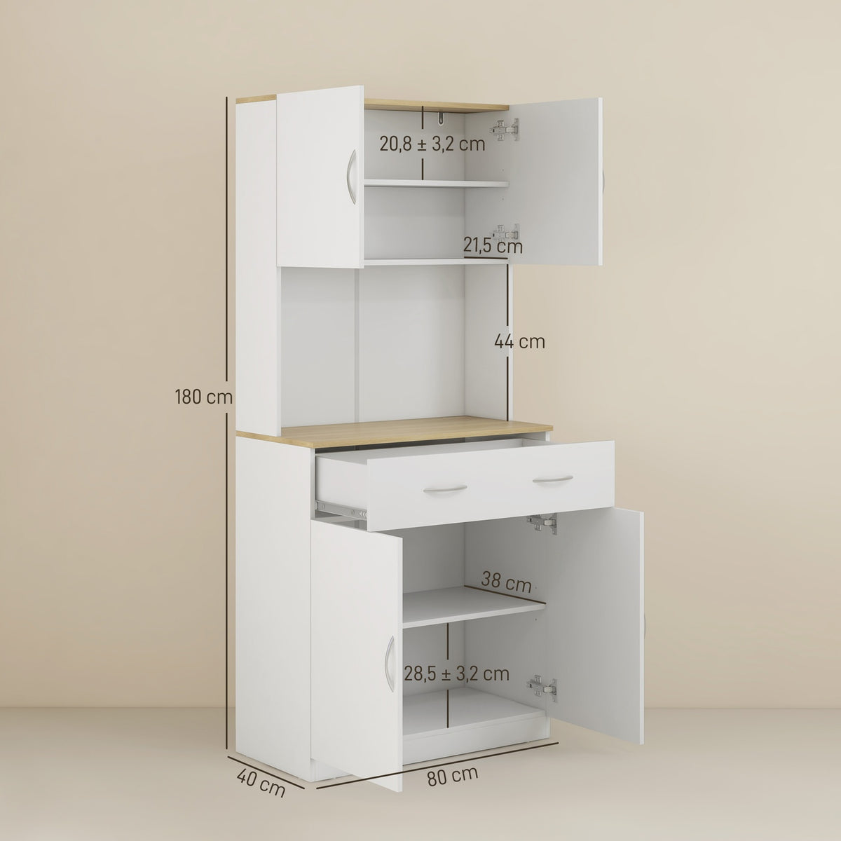 Kitchen Cupboard, Tall Cupboard, Kitchen Buffet With 2 Cupboards, Dish Cupboard, Dining Room Cupboard With Drawers, Cupboard, White, 80 X 40 X 180 Cm