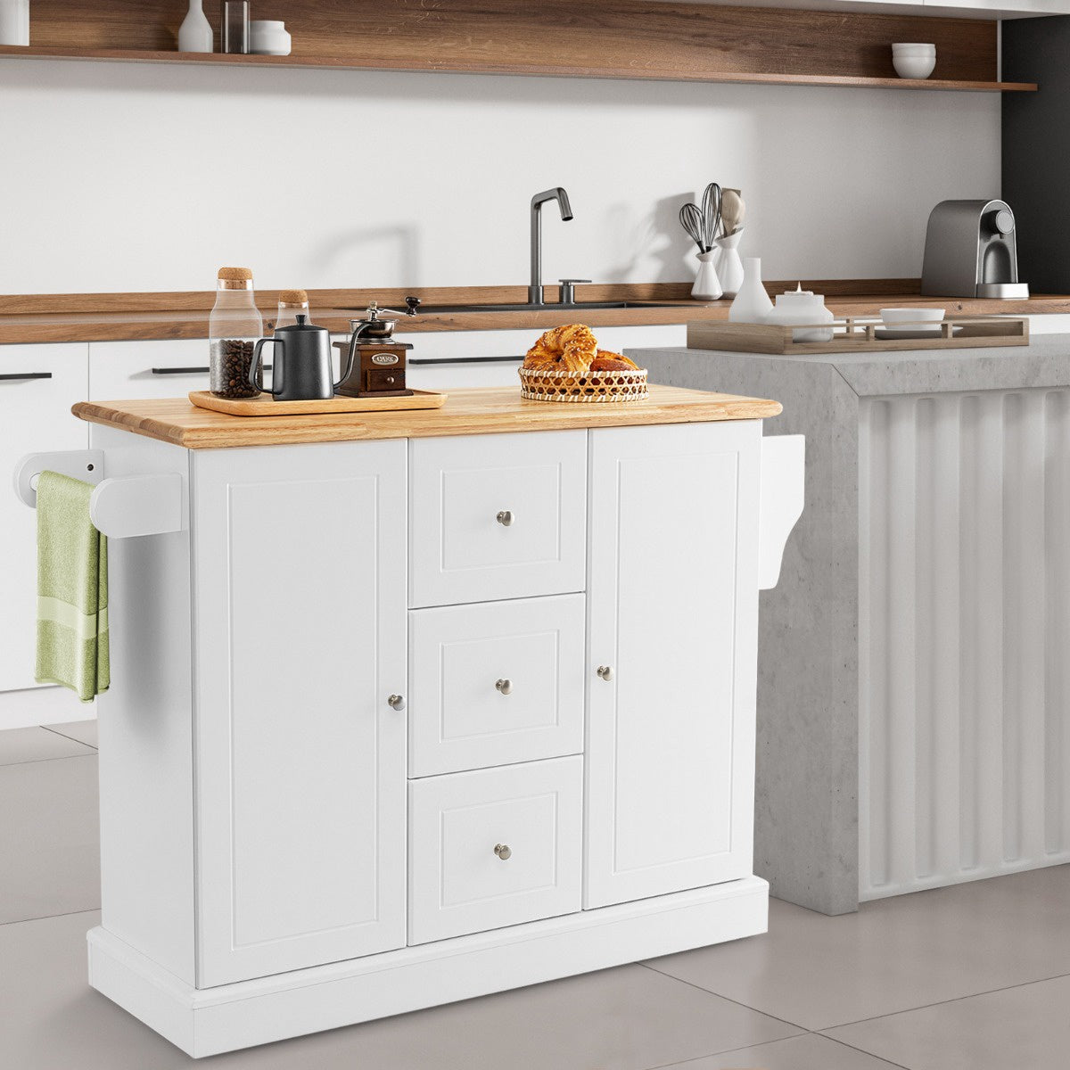 Kitchen Island Cart, 2-Door, 3-Drawer, White