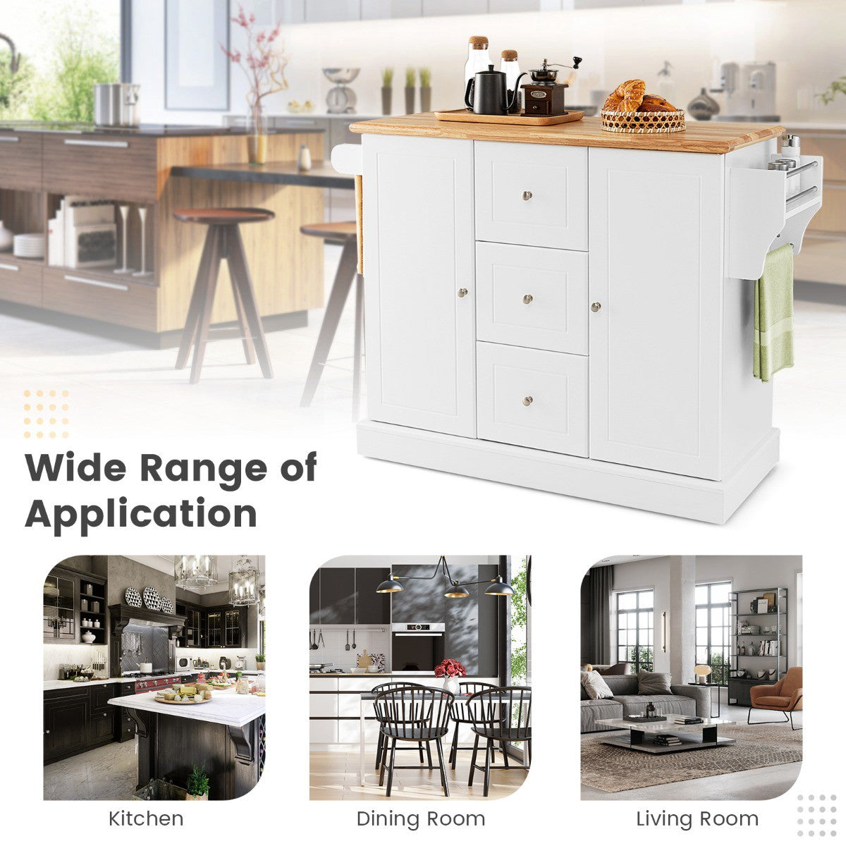 Kitchen Island Cart, 2-Door, 3-Drawer, White