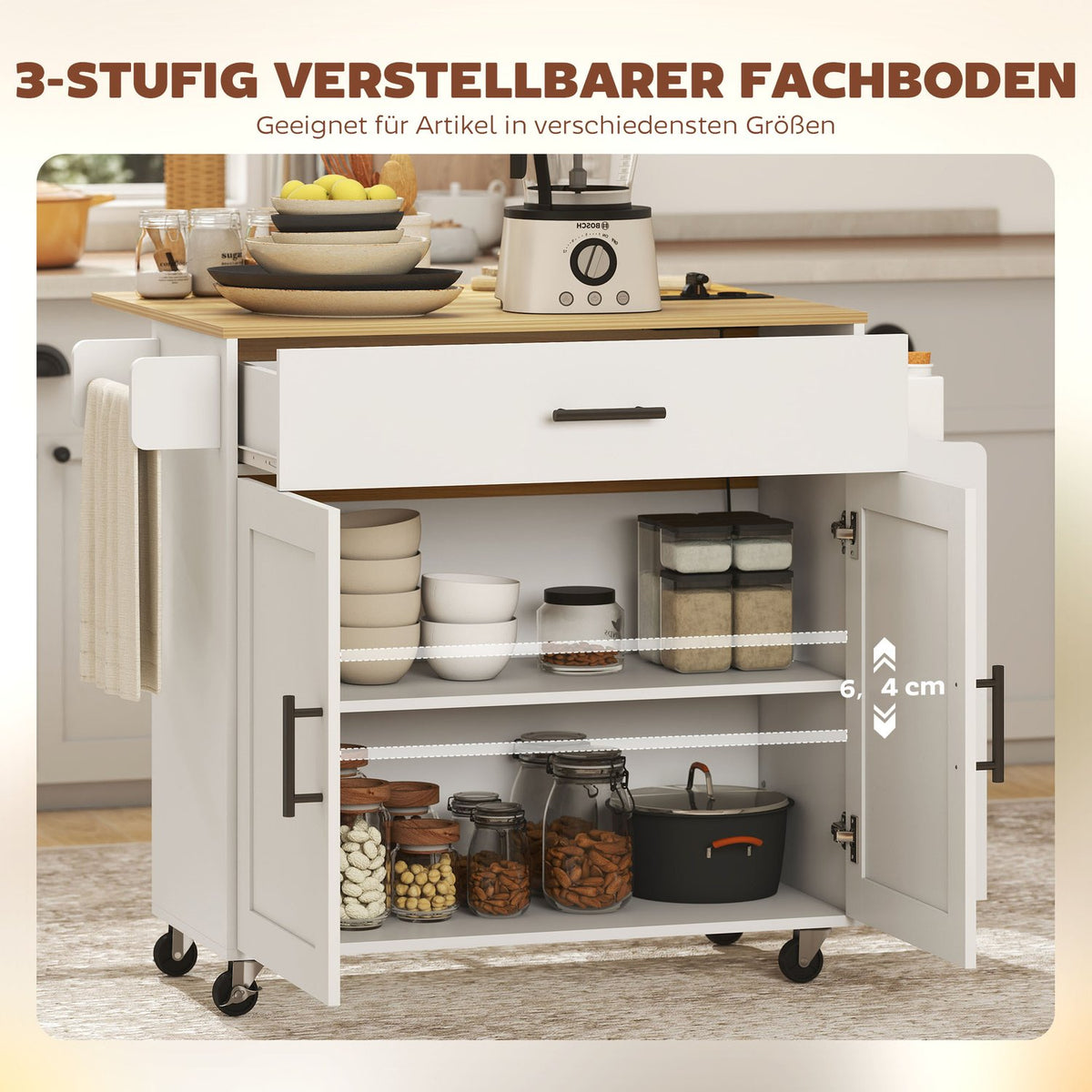 Kitchen Island Cart, Rolling, Drop-Leaf, Drawer, 120x68x85 cm, White