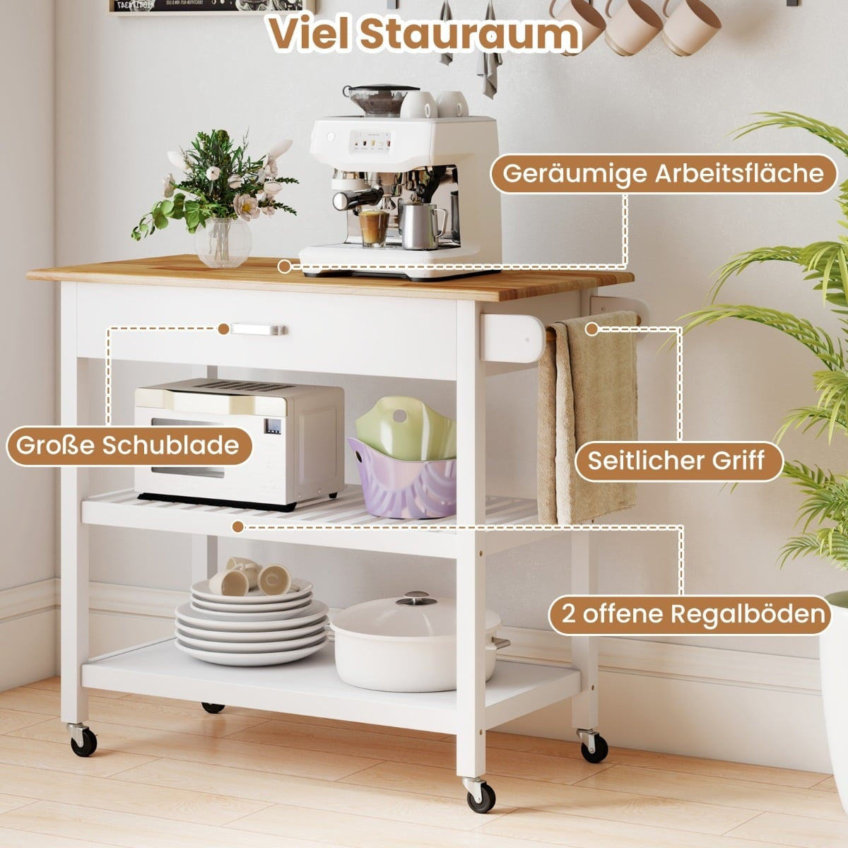 Kitchen Island Cart with Drawer & Shelves – White, Wood Top