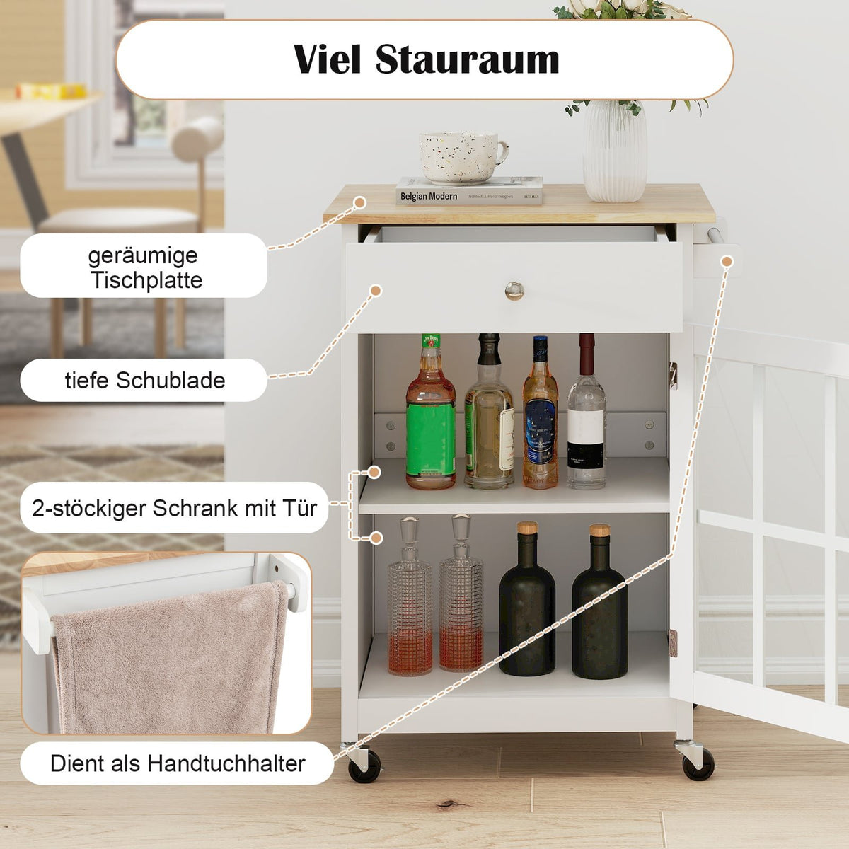 Kitchen Island Cart with Wood Top & Glass Door