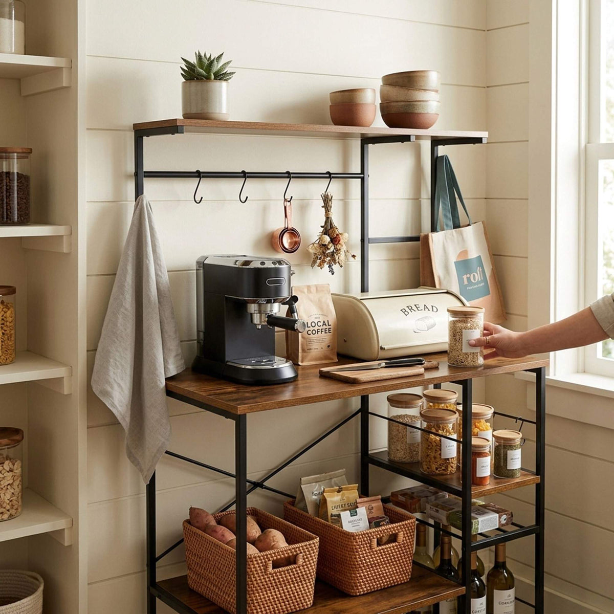 Kitchen Rack with 7 Shelves & 8 Hooks – Black Industrial