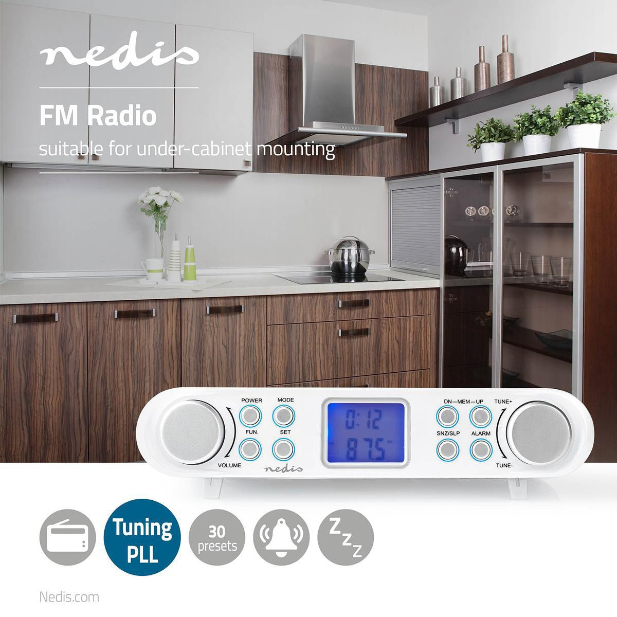Kitchen Radio | Cabinet Design | FM | Power adapter | Digital | 1.5 W| 2" | Black Blue Screen | Alarm Clock | Silver / White