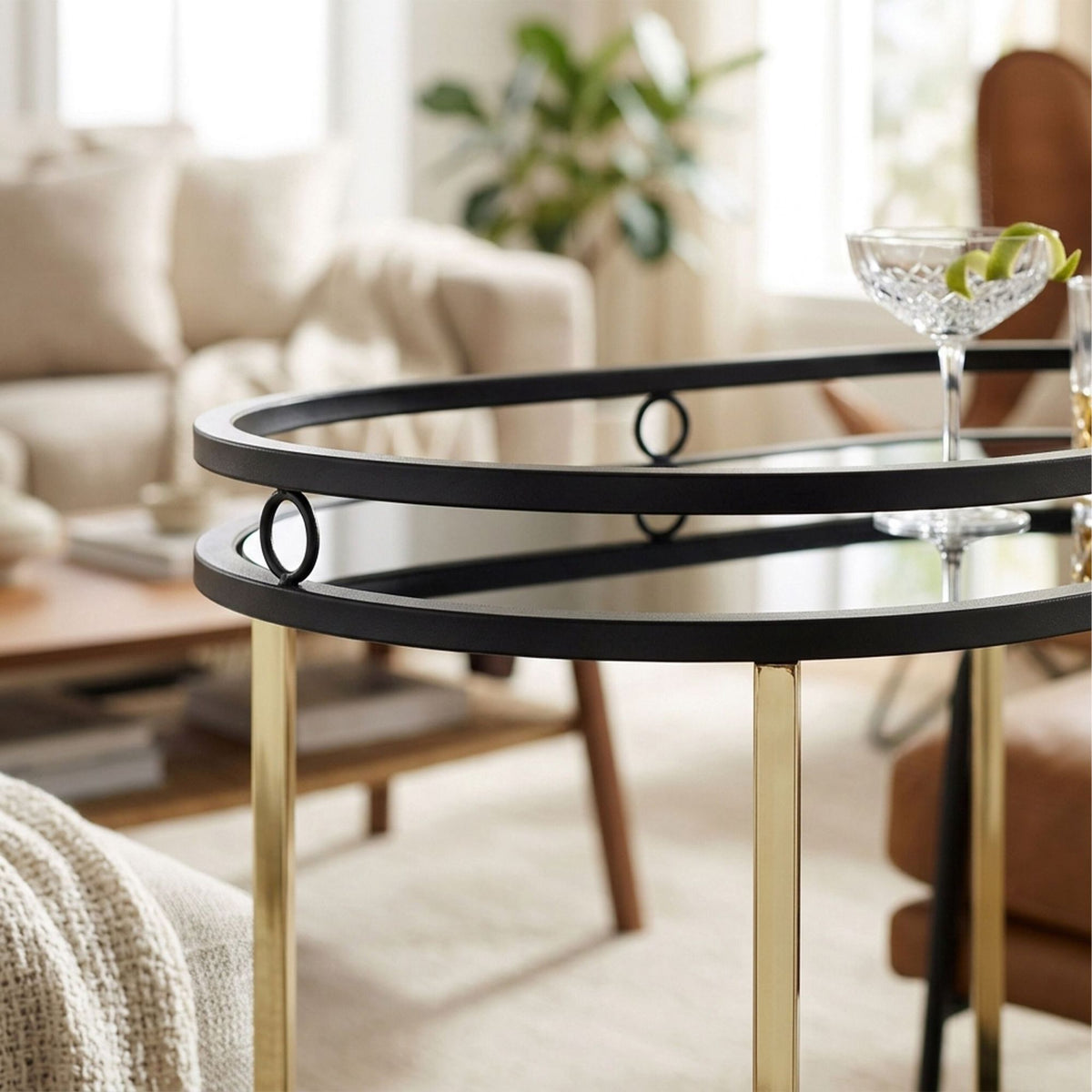 Kitchen Serving Trolley, 2 Glass Shelves, Black/Gold