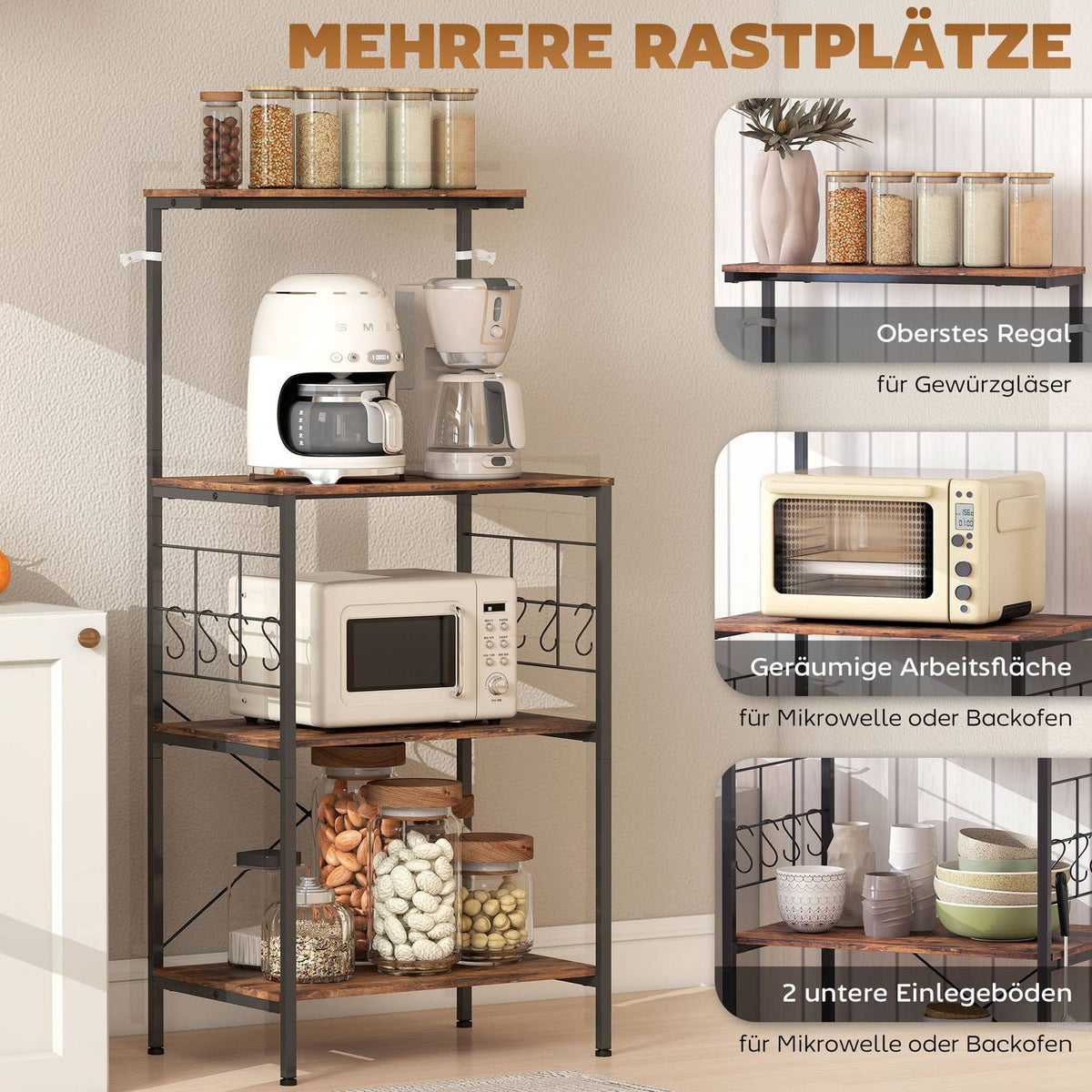 Kitchen Shelf, 4-Tier, Countertop, 8 Hooks, Metal, Brown/Black