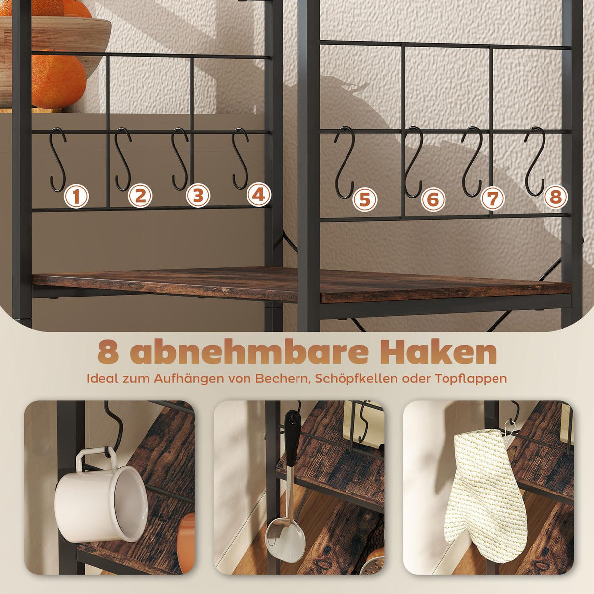 Kitchen Shelf, 4-Tier, Countertop, 8 Hooks, Metal, Brown/Black