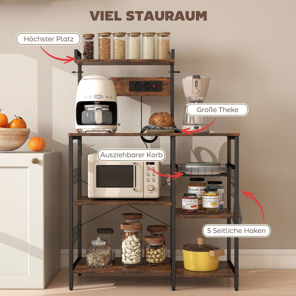 Kitchen Shelf with 2 Outlets, 5 Hooks, 5 Tiers, Steel