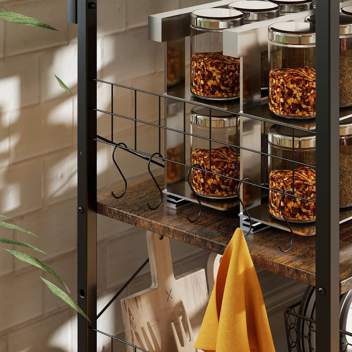 Kitchen Shelf with 2 Outlets, 5 Hooks, 5 Tiers, Steel