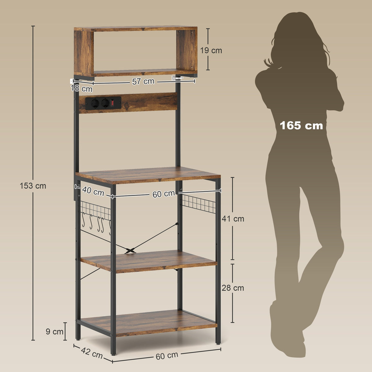 Kitchen Shelf with 5 Hooks, 5 Shelves, Outlet, Steel, 60x42x153 cm