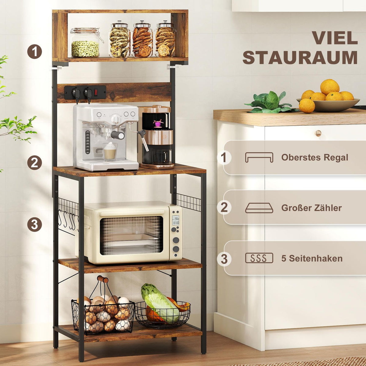 Kitchen Shelf with 5 Hooks, 5 Shelves, Outlet, Steel, 60x42x153 cm