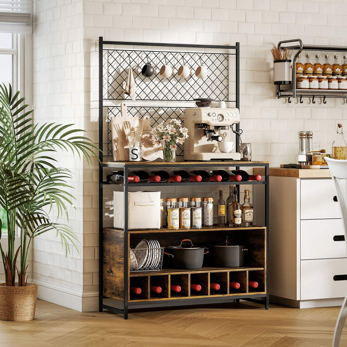 Kitchen Shelf with Hooks and Wine Rack, Rustic Brown