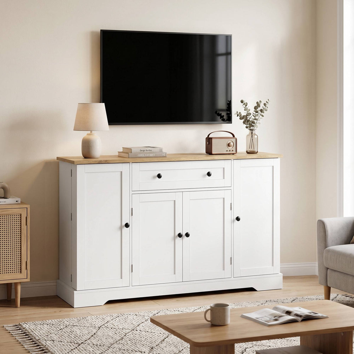 Kitchen Sideboard Cabinet, 4 Doors, Drawer, 138 cm, White