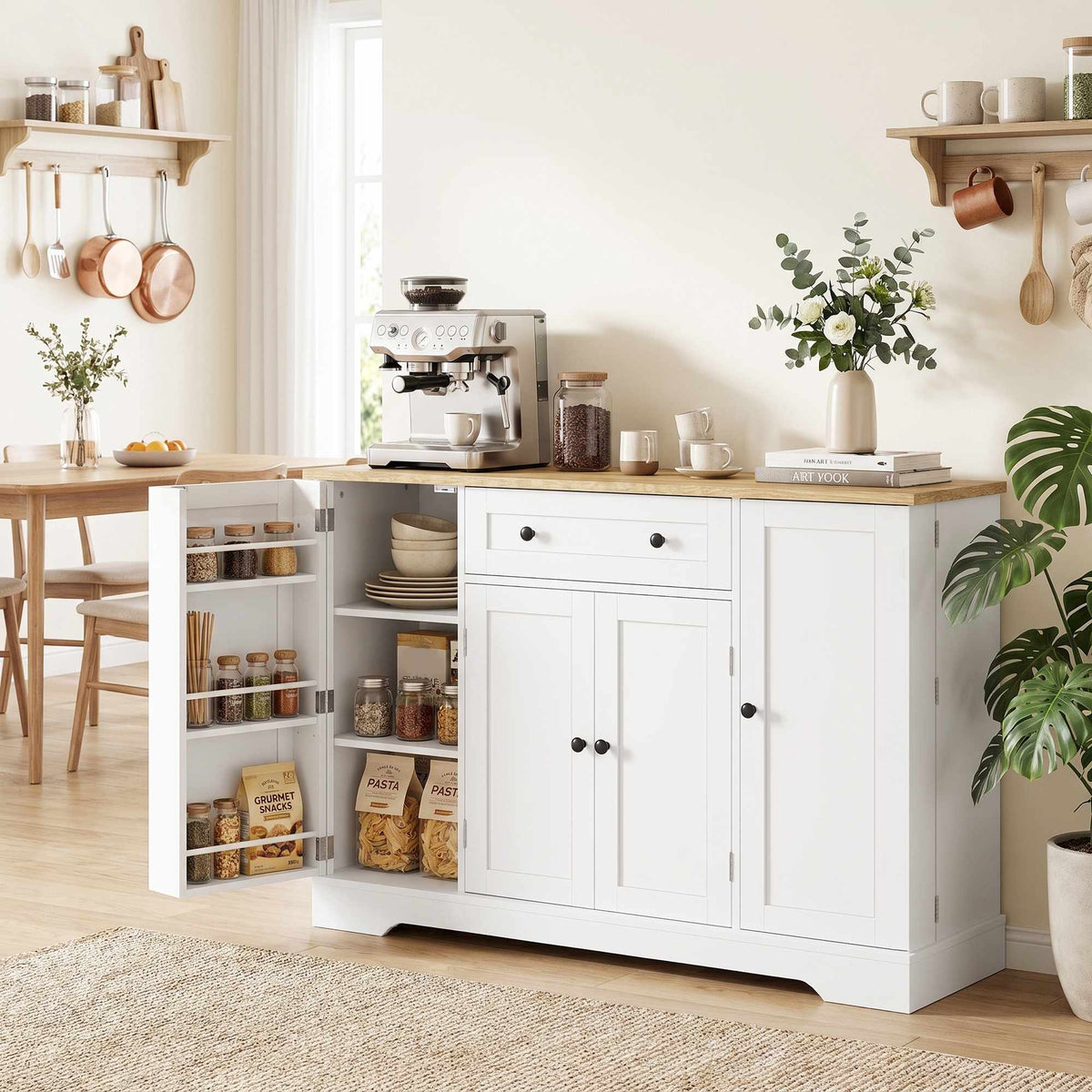Kitchen Sideboard Cabinet, 4 Doors, Drawer, 138 cm, White