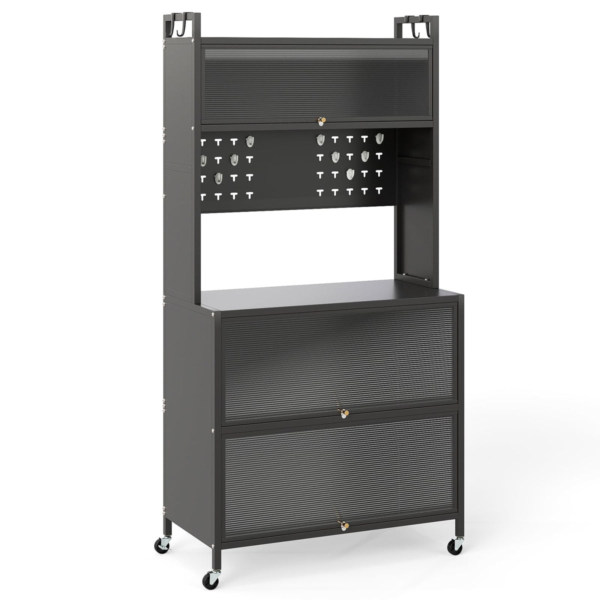 Kitchen Storage Cabinet with Wheels, Folding Doors, Hooks