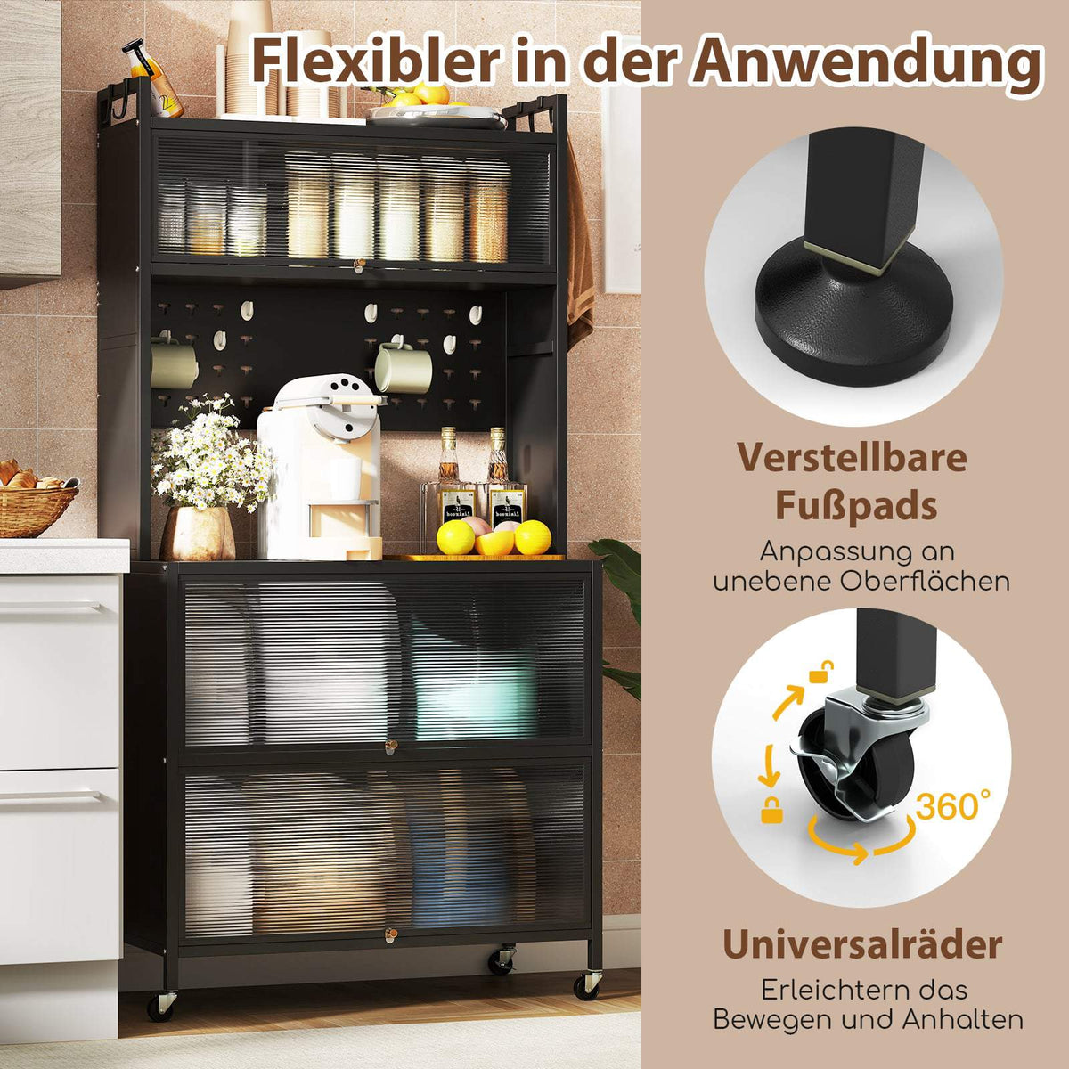 Kitchen Storage Cabinet with Wheels, Folding Doors, Hooks