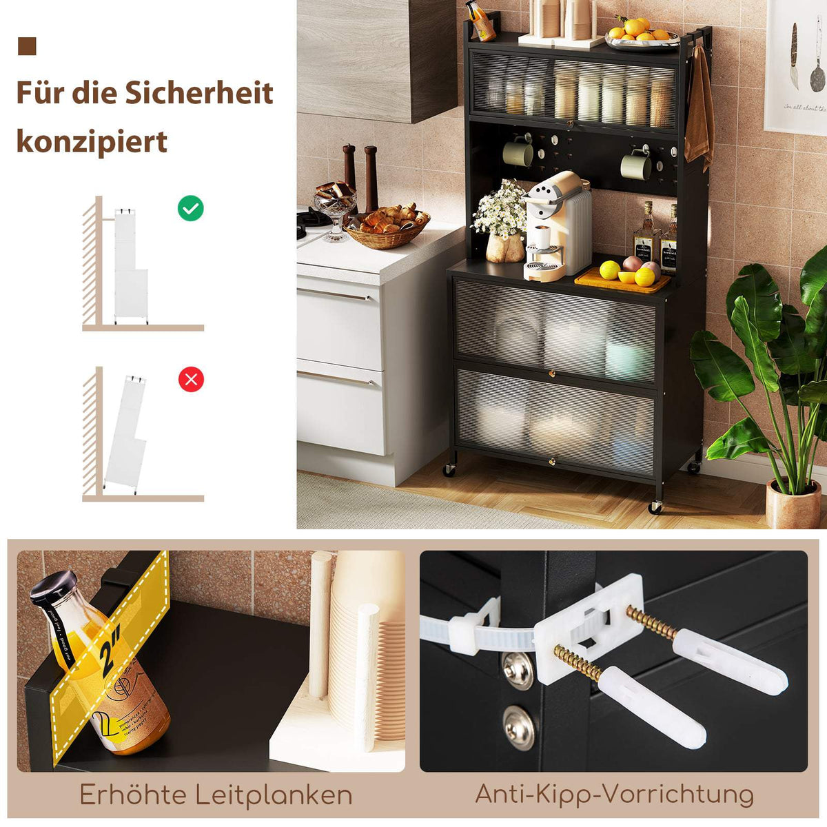 Kitchen Storage Cabinet with Wheels, Folding Doors, Hooks