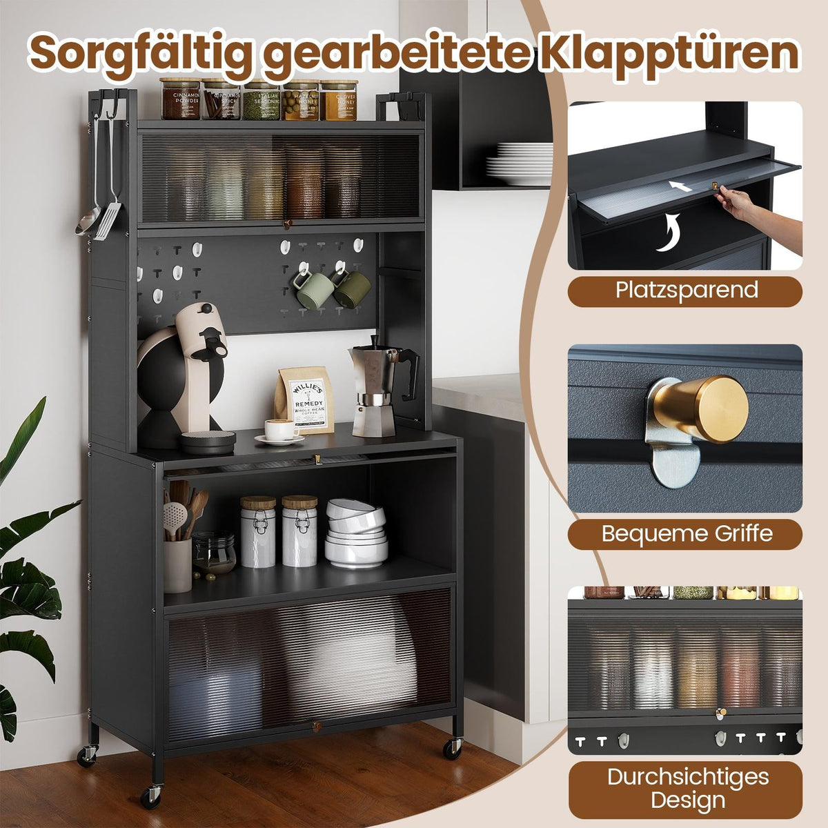 Kitchen Storage Cabinet with Wheels, Folding Doors, Hooks