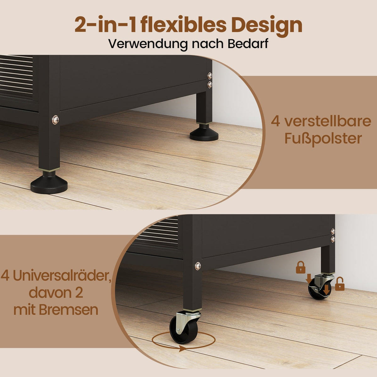 Kitchen Storage Cabinet with Wheels, Folding Doors, Hooks