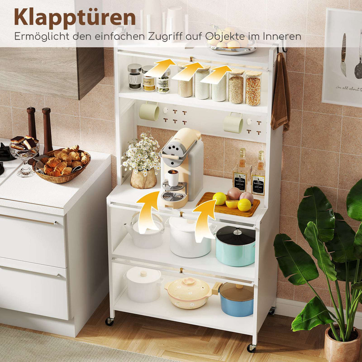 Kitchen Storage Cabinet with Wheels, Folding Doors, Hooks