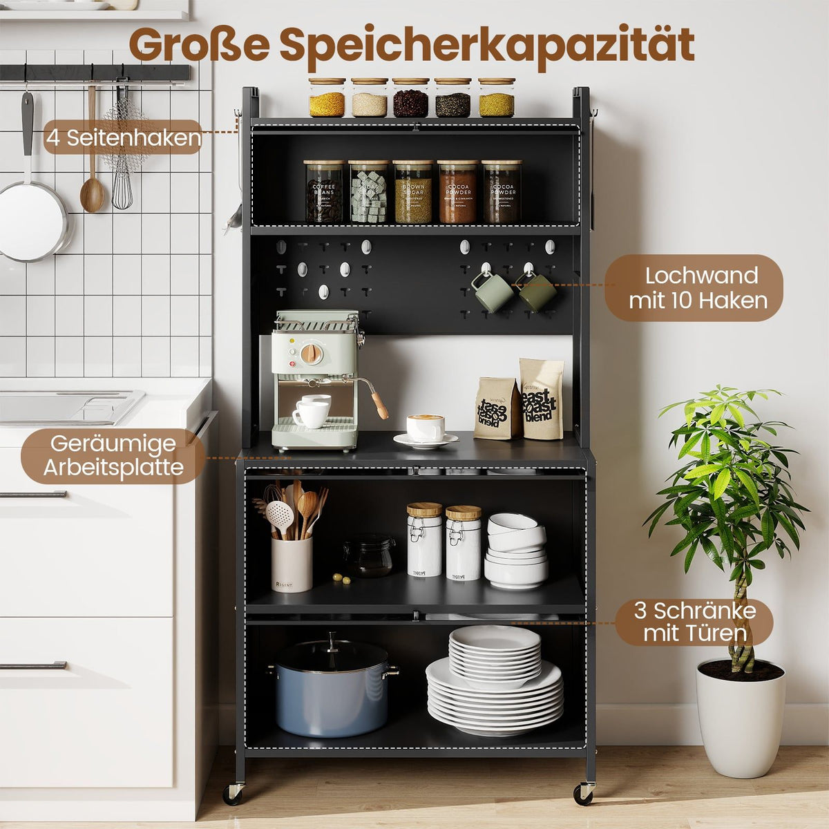 Kitchen Storage Cabinet with Wheels, Folding Doors, Hooks
