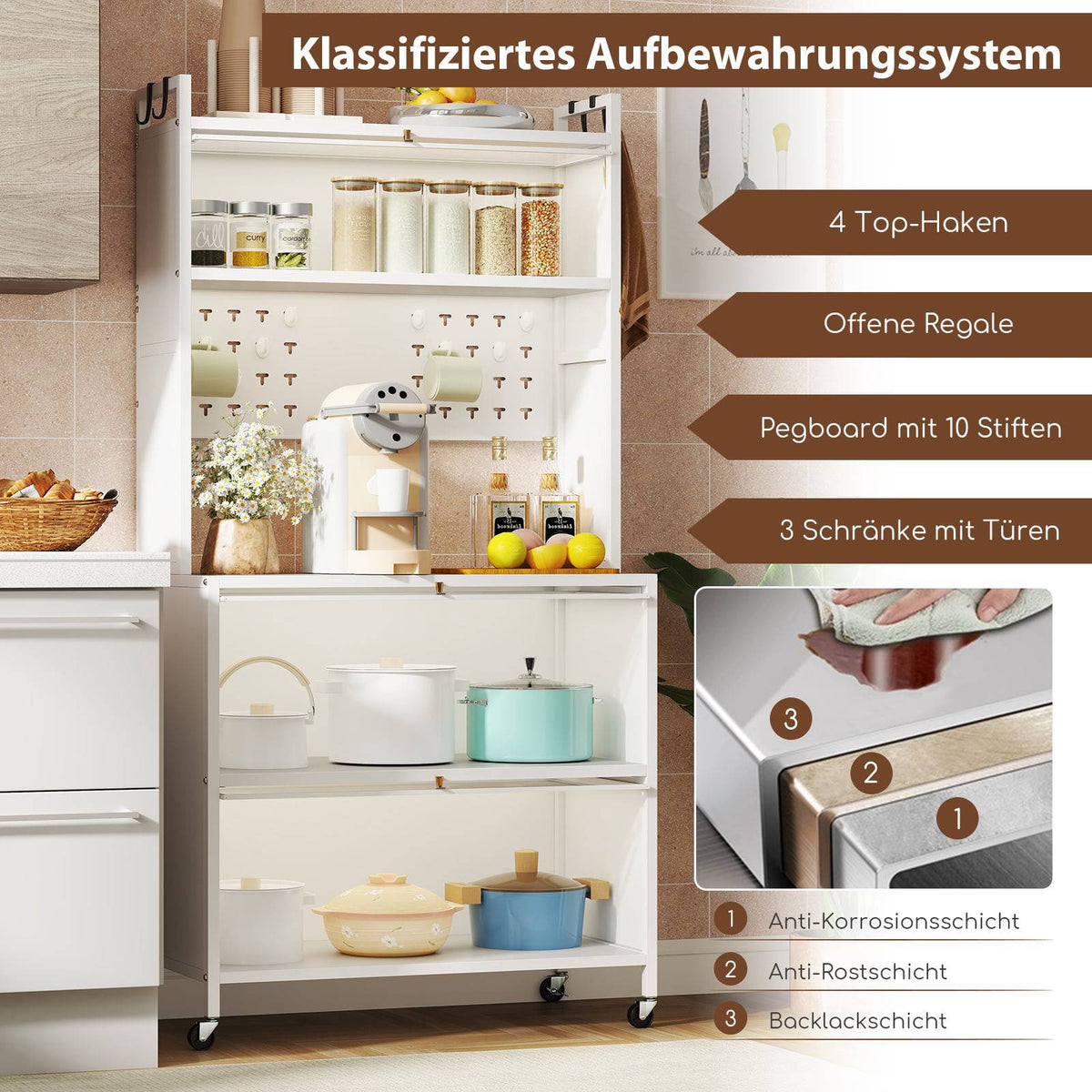 Kitchen Storage Cabinet with Wheels, Folding Doors, Hooks