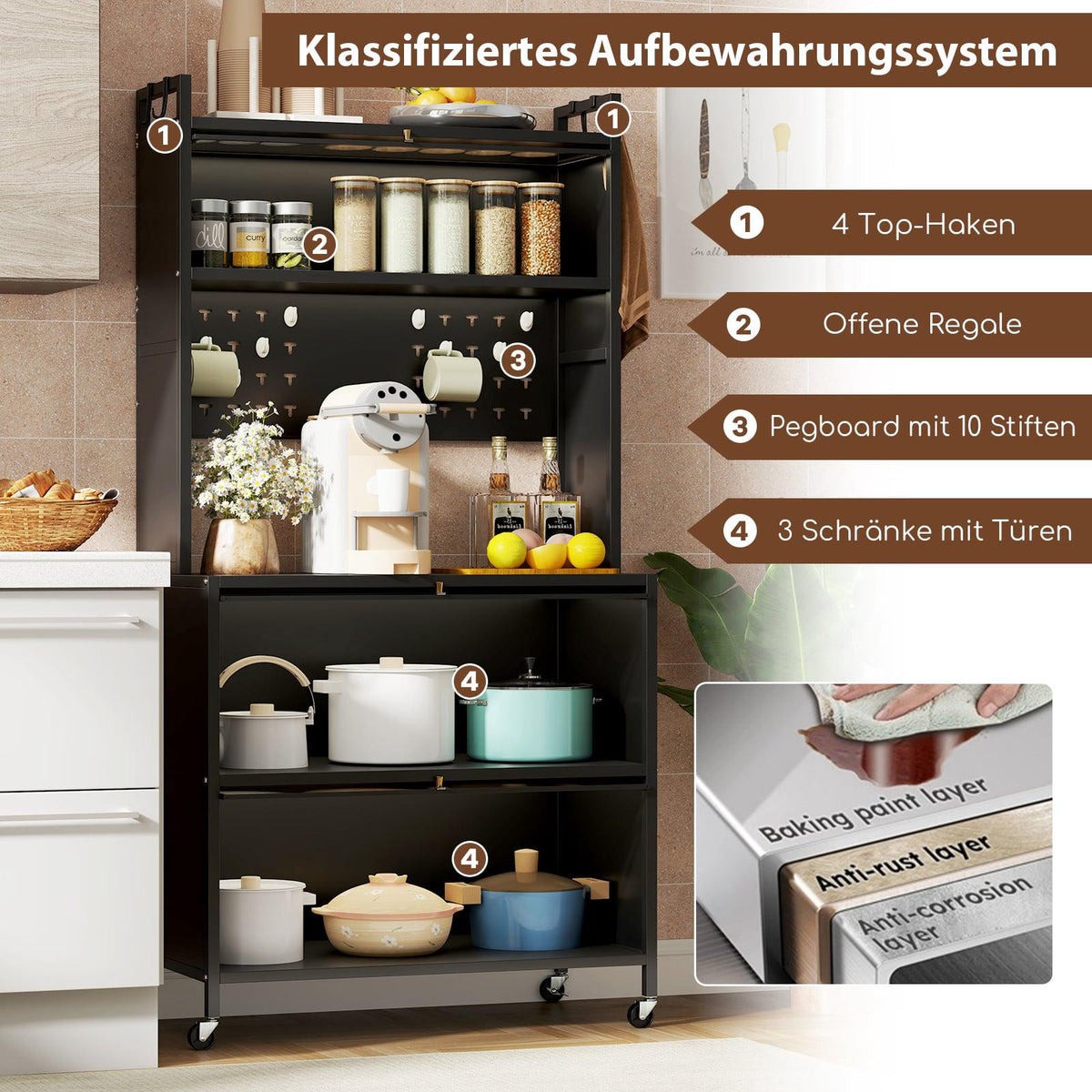 Kitchen Storage Cabinet with Wheels, Folding Doors, Hooks