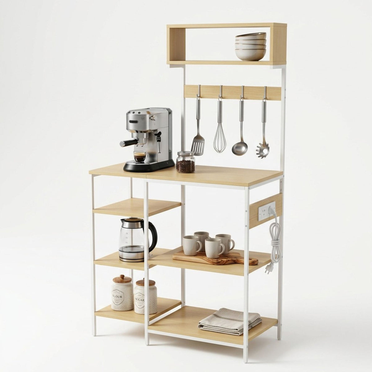 Kitchen Storage Shelf with Power Outlets and Hooks
