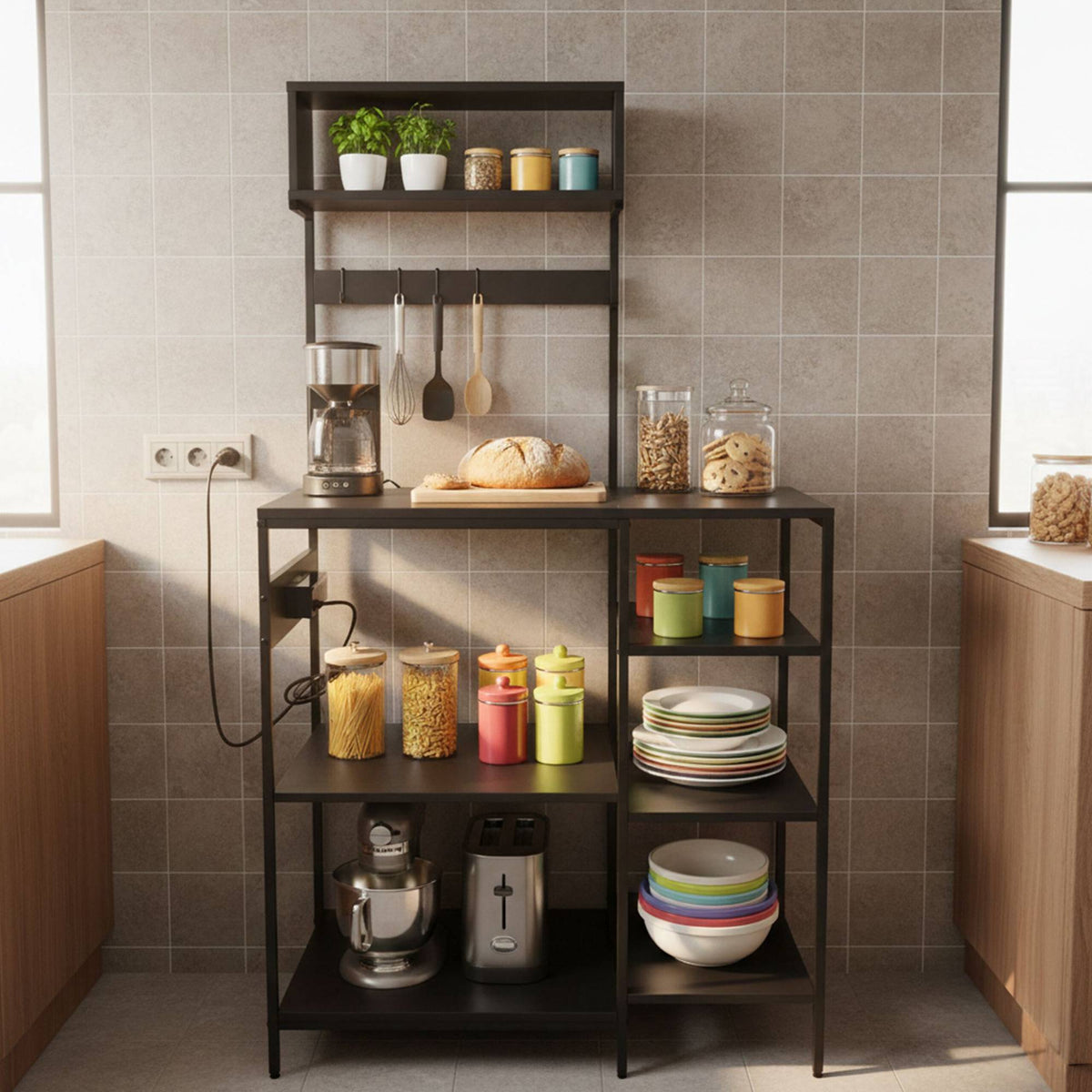 Kitchen Storage Shelf with Power Outlets and Hooks