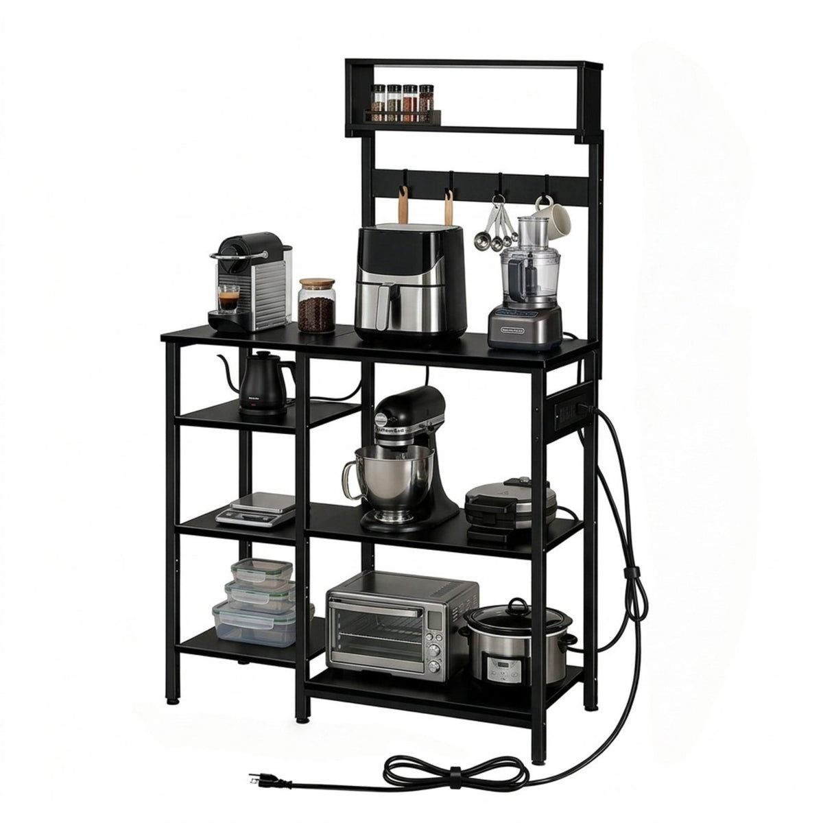 Kitchen Storage Shelf with Power Outlets and Hooks
