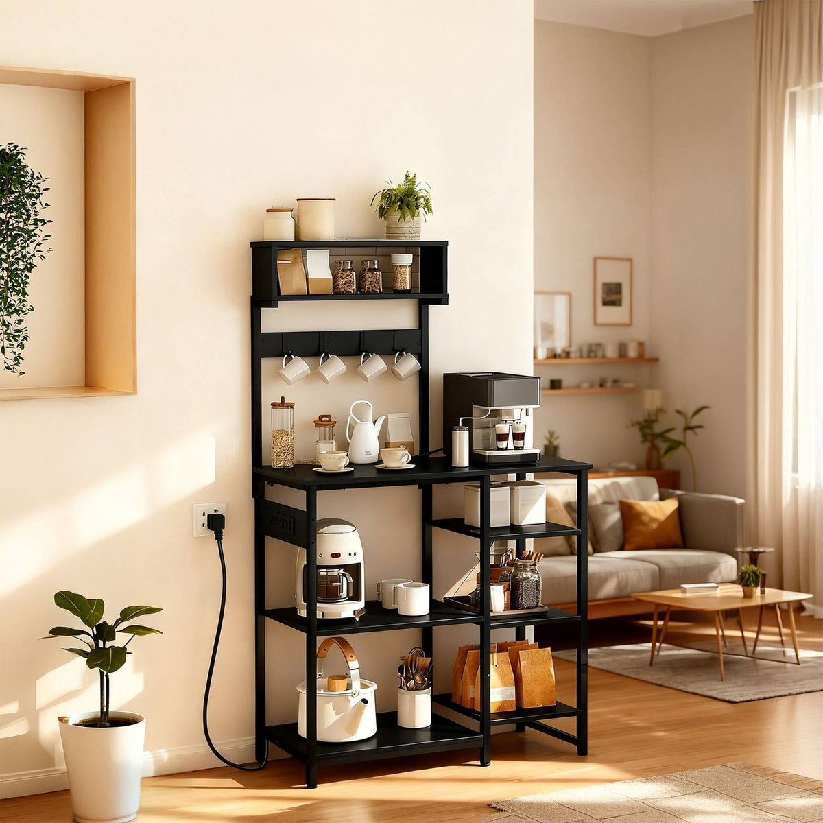 Kitchen Storage Shelf with Power Outlets and Hooks