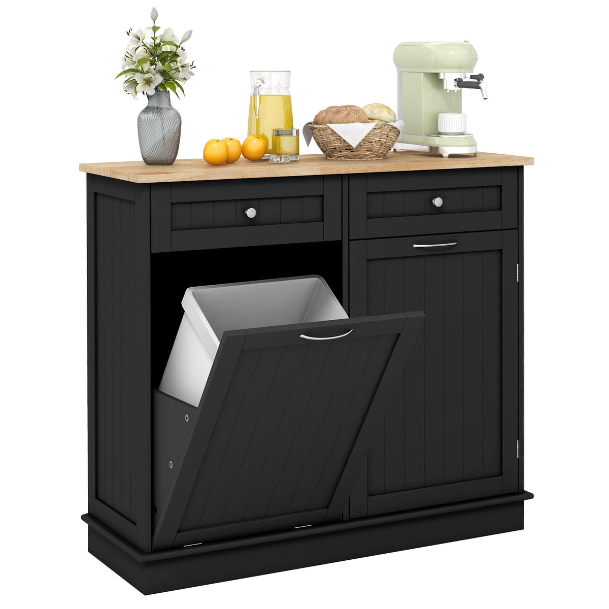 Kitchen Tilt-Out Trash Cabinet with Drawers, Black
