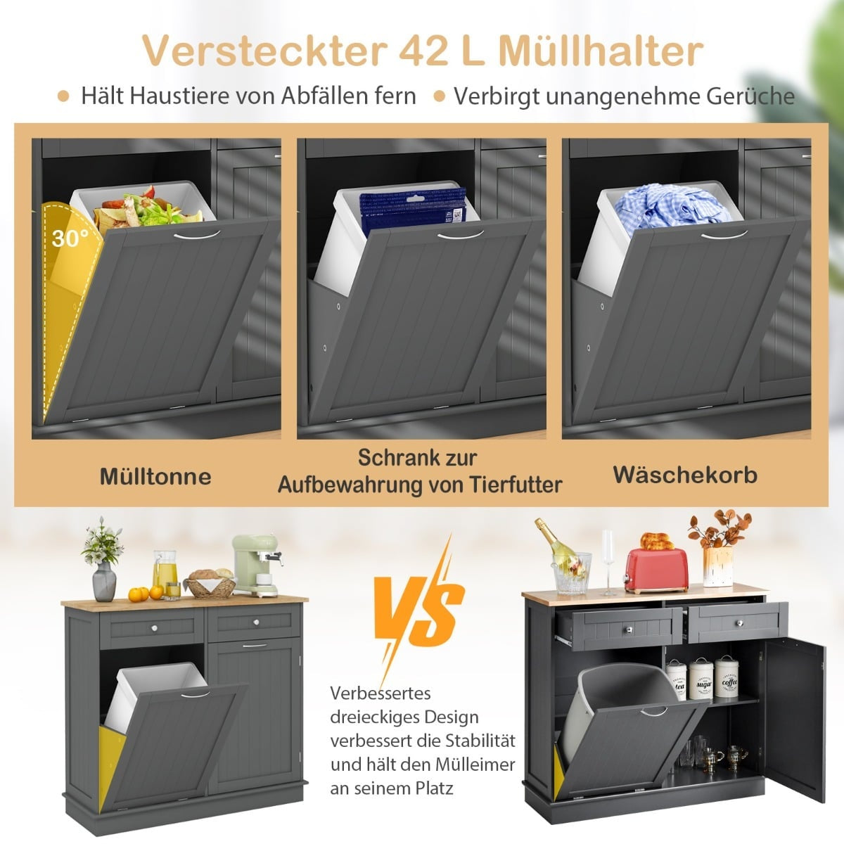 Kitchen Trash Cabinet with 42L Bin, Drawers & Shelf